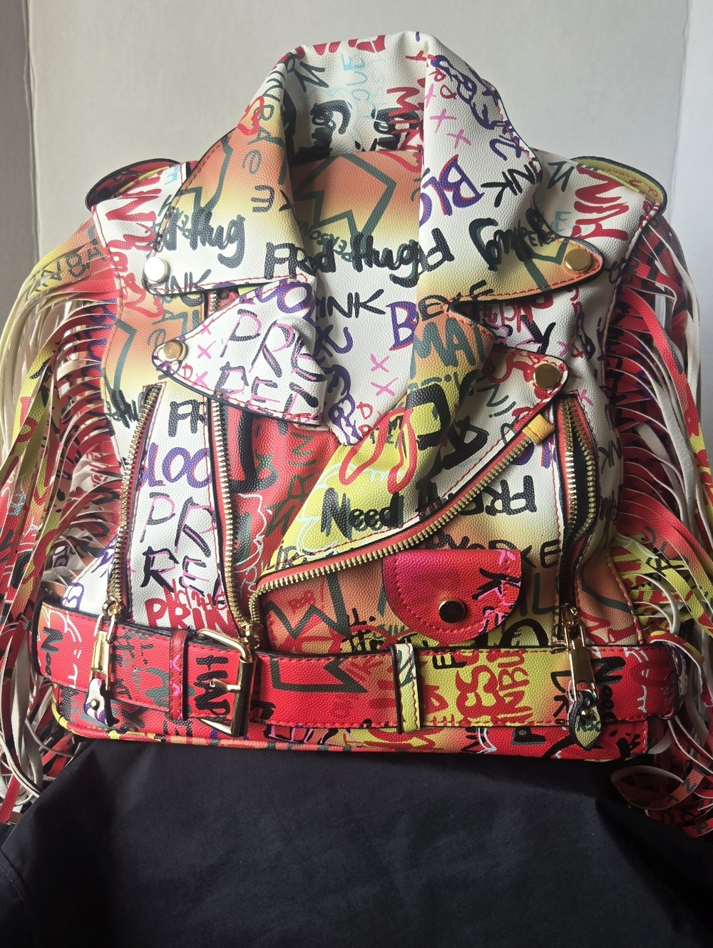 Colorful Graffiti Fringe Biker Jacket Backpack/pocketbook with Gold Hardware